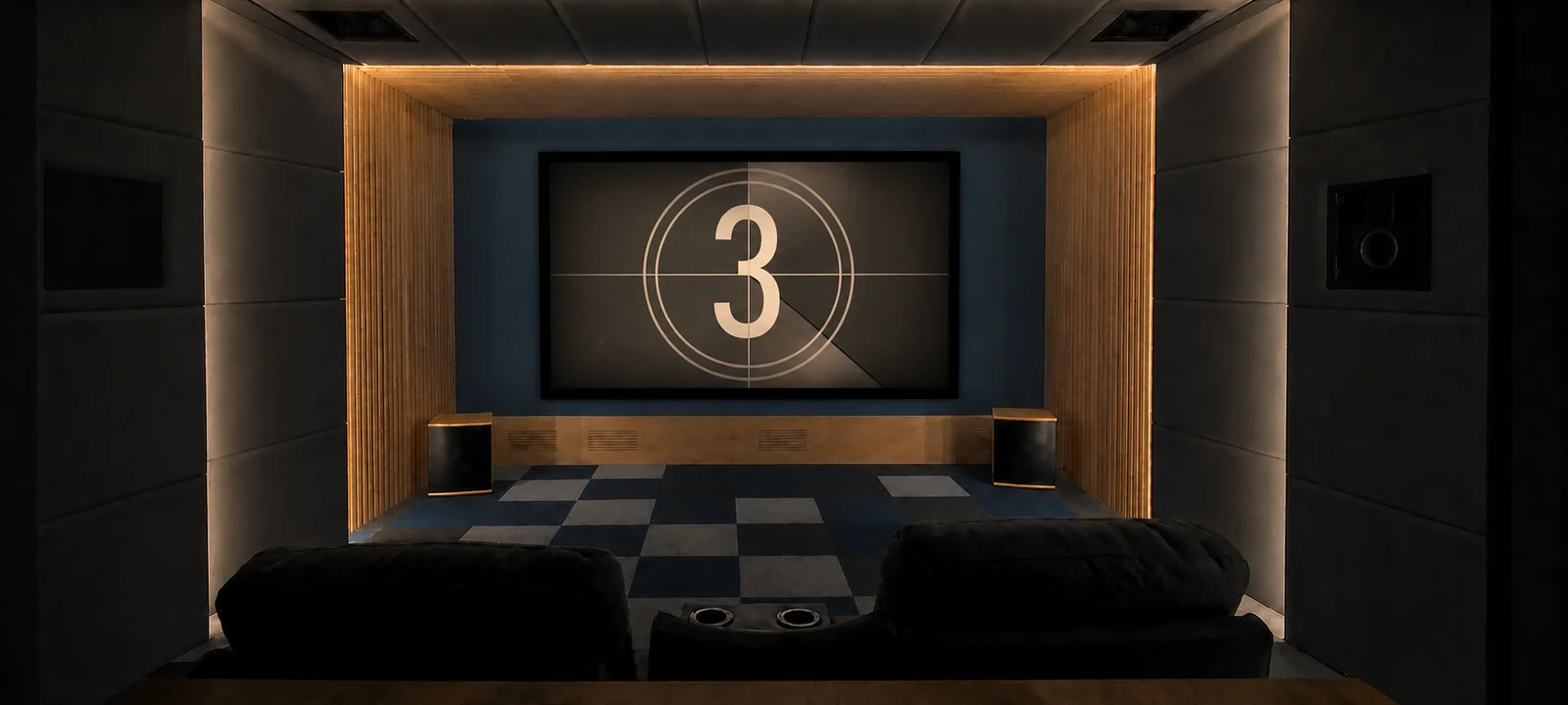 İzmir showroom'daki sinema odası — akustik panelli demo alanı, perdede film geri sayımı