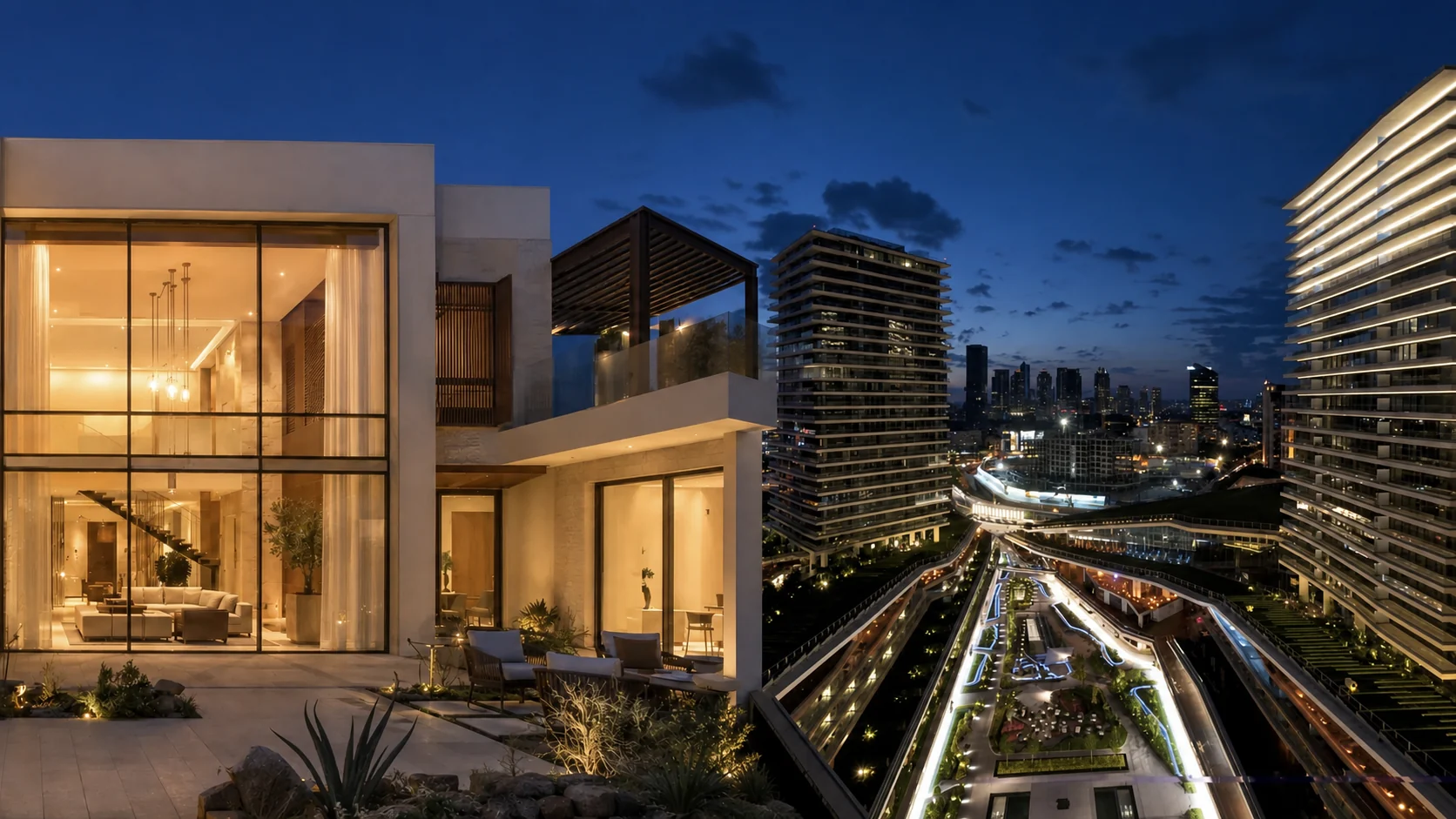 Alacakaranlıkta lüks villa ve Zorlu Center rezidans kuleleri